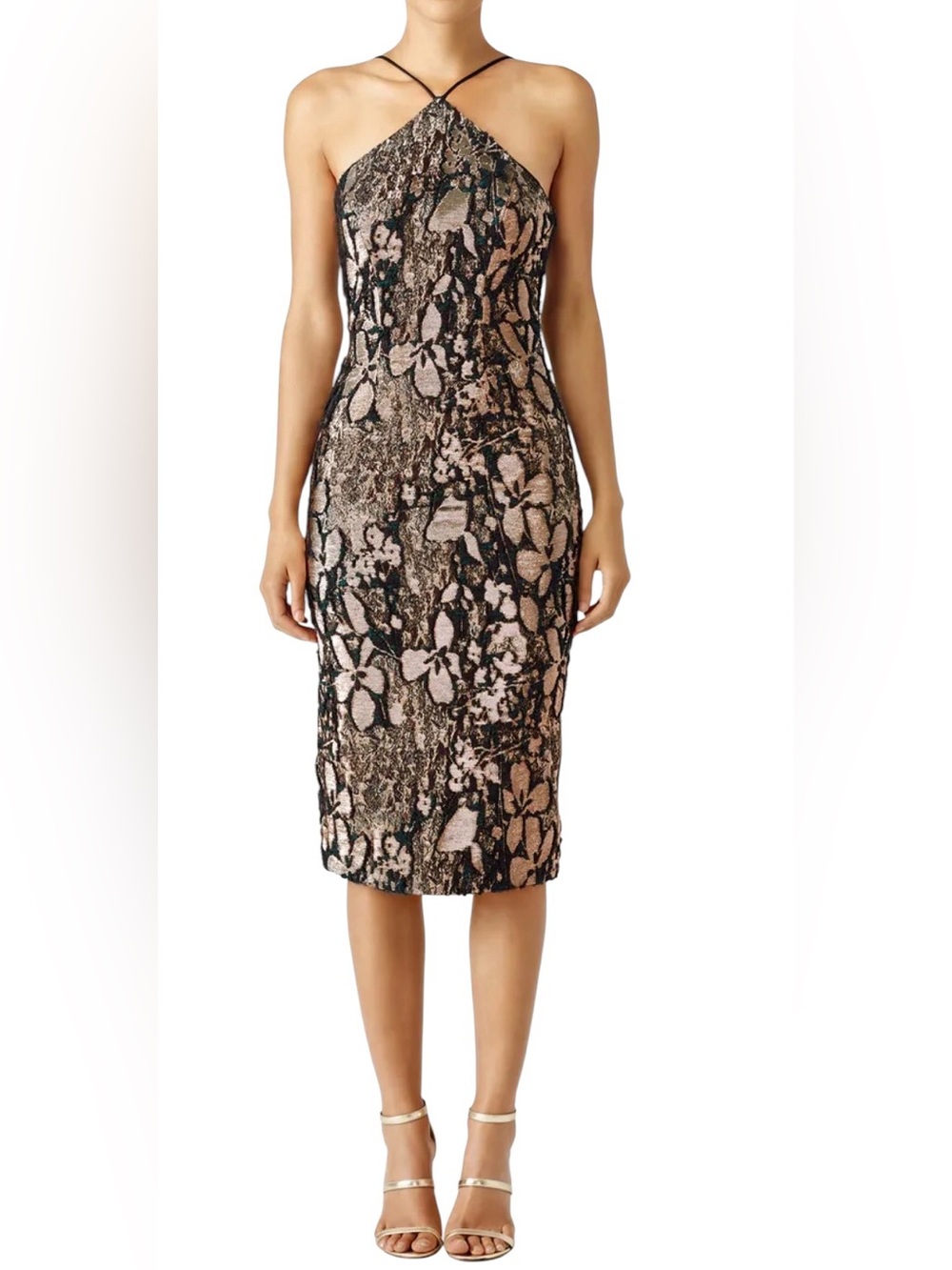 Theia Rose Gold Flower Press Halter Top Sheath Dress Size 4